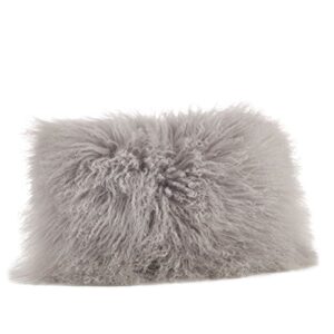 saro lifestyle 100% wool mongolian lamb fur throw pillow with poly filling, 12" x 20", fog