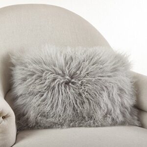 SARO LIFESTYLE 100% Wool Mongolian Lamb Fur Throw Pillow with Poly Filling, 12" x 20", Fog