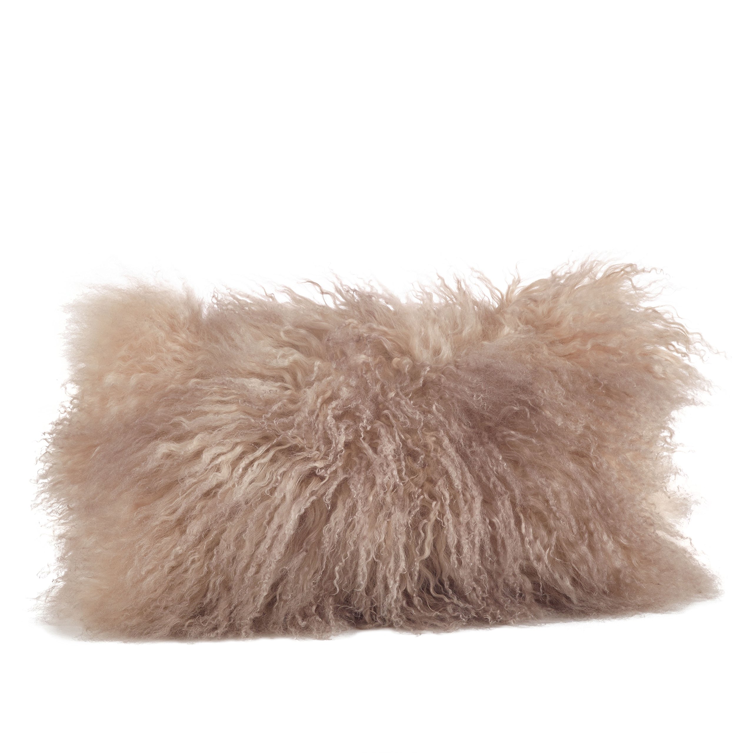 SARO LIFESTYLE 3564.OY1220B Lifestyle 100% Wool Mongolian Lamb Fur Throw Pillow with Poly Filling, 12" x 20", Oyster