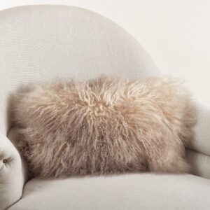 SARO LIFESTYLE 3564.OY1220B Lifestyle 100% Wool Mongolian Lamb Fur Throw Pillow with Poly Filling, 12" x 20", Oyster