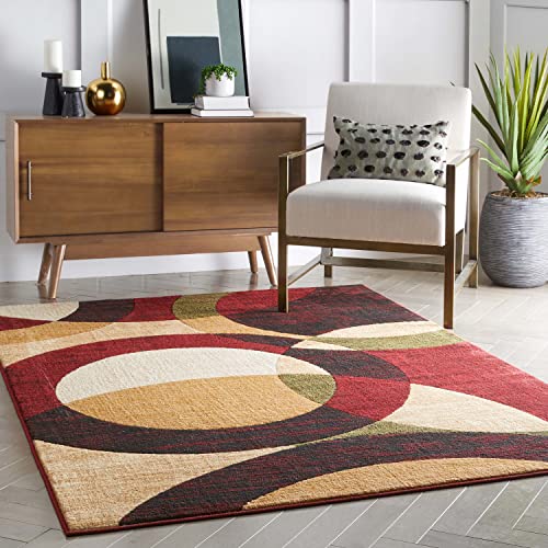 Well Woven Casual Modern Styling Shapes Circles Area Rug 5x7 (5'3" x 7'3'') Multi Color Red Black Beige Thick Soft Pile Easy Care Pile Suitable high Traffic Areas