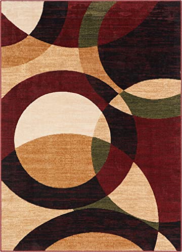 Well Woven Casual Modern Styling Shapes Circles Area Rug 5x7 (5'3" x 7'3'') Multi Color Red Black Beige Thick Soft Pile Easy Care Pile Suitable high Traffic Areas
