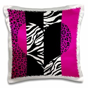 3drose pink black and white animal print-leopard and zebra heart-pillow case, 16 by 16" (pc_35437_1)