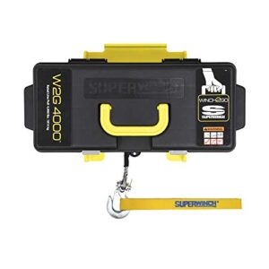 Superwinch 1140232 Winch2Go 12V DC Electric Portable Utility Winch 4000lb/1814.4kg Single Line Pull with Steel Mounting Plate, Integrated Hawse Fairlead, 7/32" x 40' Synthetic Rope, Handheld Remote
