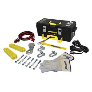 superwinch 1140232 winch2go 12v dc electric portable utility winch 4000lb/1814.4kg single line pull with steel mounting plate, integrated hawse fairlead, 7/32" x 40' synthetic rope, handheld remote