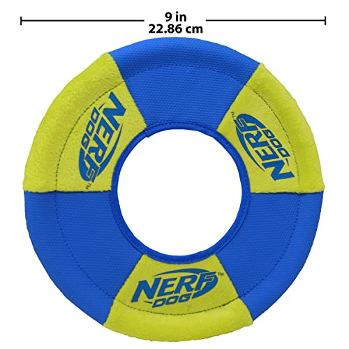 Nerf Dog Toss and Tug Ring Dog Toy, Flying Disc, Lightweight, Durable and Water Resistant, 9 Inch Diameter, For Medium/Large Breeds, Two Pack, Green and Orange