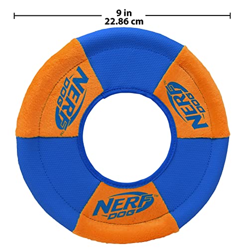 Nerf Dog Toss and Tug Ring Dog Toy, Flying Disc, Lightweight, Durable and Water Resistant, 9 Inch Diameter, For Medium/Large Breeds, Two Pack, Green and Orange