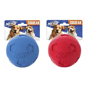 nerf dog soccer ball dog toy with interactive squeaker, lightweight, durable and water resistant, 2.5 inches, for small/medium/large breeds, two pack, blue and red