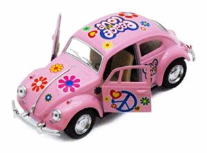 kinsmart 1967 volkswagen classical beetle w/peace love decals pink 5" 1:36 scale die cast metal model toy car w/pullback action