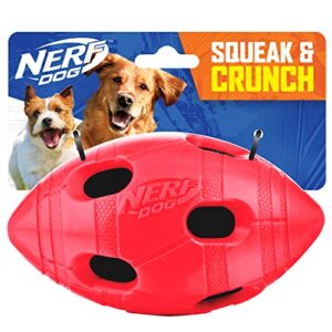 nerf dog rubber football dog toy with interactive squeaker and crunch, lightweight, durable and water resistant, 6 inch diameter for medium/large breeds, single unit, red