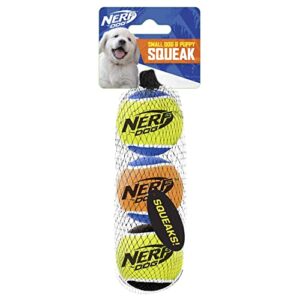 nerf dog tennis ball dog toy with interactive squeaker, lightweight, durable and water resistant, 2 inches, for small/medium breeds, three pack, assorted colors