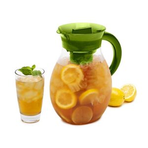 primula the big iced tea maker and infuser, plastic beverage pitcher with leak proof, airtight lid, fine mesh reusable filter, made without bpa, dishwasher safe, green