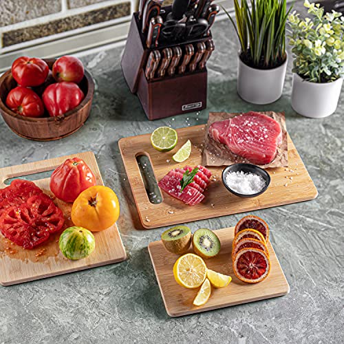 Bamboo Cutting Boards Set - 3-Piece Wooden Kitchen Chopping Board for Food Prep, Chopping, Carving Meat, Fruits Vegetables