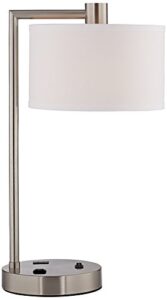 360 lighting colby modern desk table lamp with hotel style usb and ac power outlet in base 21" high brushed nickel white linen drum shade for living room bedroom house bedside reading home