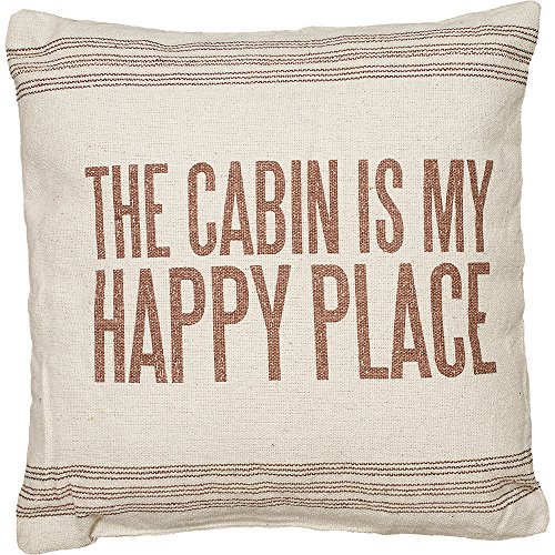 Primitives by Kathy 21684 Vintage Flour Sack Style The Cabin is My Happy Place Throw Pillow, 15-Inch Square