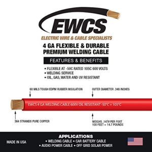 EWCS 4 Gauge Premium Extra Flexible Welding Cable 600 Volt - Red - 20 Feet - Made in the USA