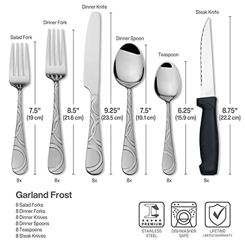 Pfaltzgraff Garland Frost 53-Piece Stainless Steel Flatware Serving Utensil Set and Steak Knives, Service for 8