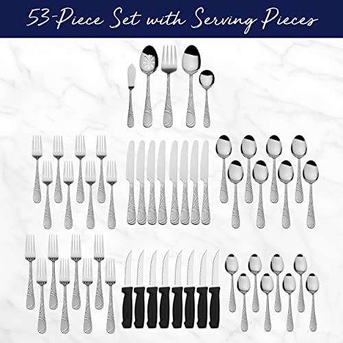 Pfaltzgraff Garland Frost 53-Piece Stainless Steel Flatware Serving Utensil Set and Steak Knives, Service for 8