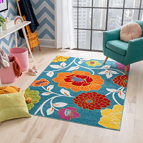 Well Woven Modern Rug Daisy Flowers Blue 3'3" x 5' Floral Accent Area Rug Entry Way Bright Kids Room Kitchen Bedroom Carpet Bathroom Soft Durable Area Rug