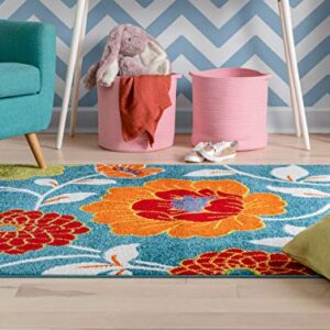 Well Woven Modern Rug Daisy Flowers Blue 3'3" x 5' Floral Accent Area Rug Entry Way Bright Kids Room Kitchen Bedroom Carpet Bathroom Soft Durable Area Rug