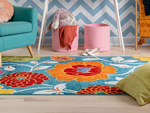 Well Woven Modern Rug Daisy Flowers Blue 3'3" x 5' Floral Accent Area Rug Entry Way Bright Kids Room Kitchen Bedroom Carpet Bathroom Soft Durable Area Rug