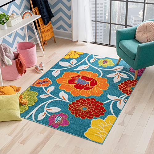 Well Woven Modern Rug Daisy Flowers Blue 3'3" x 5' Floral Accent Area Rug Entry Way Bright Kids Room Kitchen Bedroom Carpet Bathroom Soft Durable Area Rug