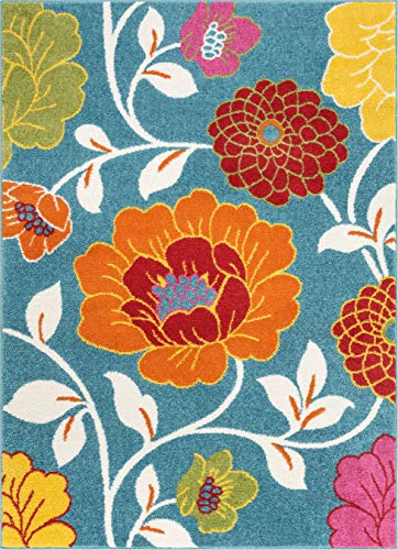 Well Woven Modern Rug Daisy Flowers Blue 3'3" x 5' Floral Accent Area Rug Entry Way Bright Kids Room Kitchen Bedroom Carpet Bathroom Soft Durable Area Rug