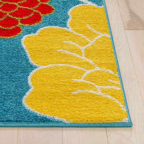 Well Woven Modern Rug Daisy Flowers Blue 3'3" x 5' Floral Accent Area Rug Entry Way Bright Kids Room Kitchen Bedroom Carpet Bathroom Soft Durable Area Rug