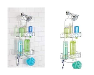 idesign bubbli metal extra-large hanging shower caddy for tall shampoo, conditioner, and soap with hooks for razors, towels, loofahs, silver