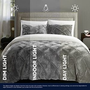 Chic Home 3 Piece Josepha Pinch Pleated Ruffled & Pintuck Sherpa Lined Comforter Set, King, Grey