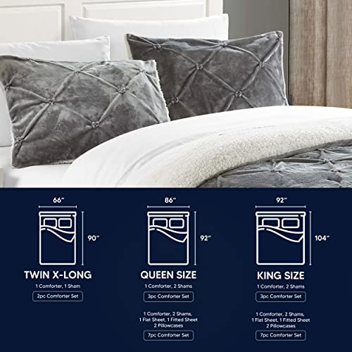 Chic Home 3 Piece Josepha Pinch Pleated Ruffled & Pintuck Sherpa Lined Comforter Set, King, Grey