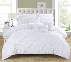 chic home 10 piece hannah pinch pleated, ruffled and pleated complete queen bed in a bag comforter set white with sheet set