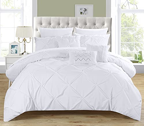 Chic Home 10 Piece Hannah Pinch Pleated, ruffled and pleated complete Queen Bed In a Bag Comforter Set White With sheet set