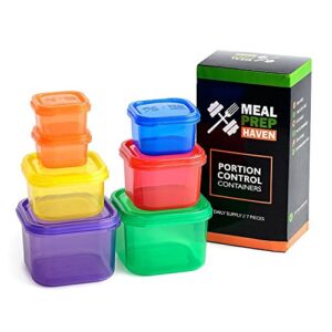 meal prep haven 7 piece multi-colored, color coded portion control container kit with guide, leak proof, bpa free, 21 day planner