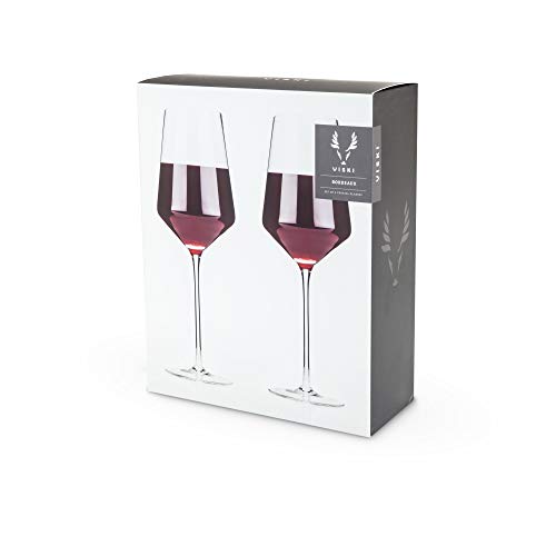 Viski Raye Angled Crystal Bordeaux Wine Glasses Set of 2 - Premium Crystal Clear Glass, Modern Stemmed, Flat Bottom Red Wine Gift Set - 16oz
