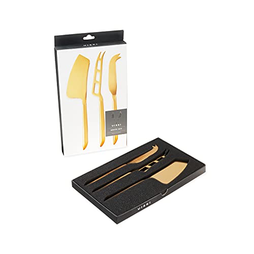 Viski Gold Cheese Knives, Set of 3 Cheese Knives, Stainless Steel with Gold Finish, Cheese Tools, Gold, Set of 3