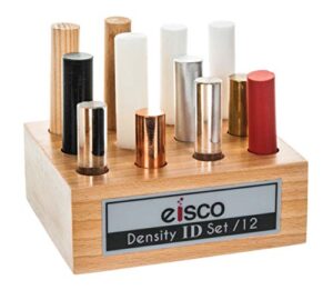 12pc cylindrical bars density id set - hardwood, softwood, aluminum, copper, brass, rubber, nylon, derlin, pvc, glass, acrylic & teflon - includes storage block - study density & mass - eisco labs