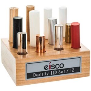 12pc Cylindrical Bars Density ID Set - Hardwood, Softwood, Aluminum, Copper, Brass, Rubber, Nylon, Derlin, PVC, Glass, Acrylic & Teflon - Includes Storage Block - Study Density & Mass - Eisco Labs