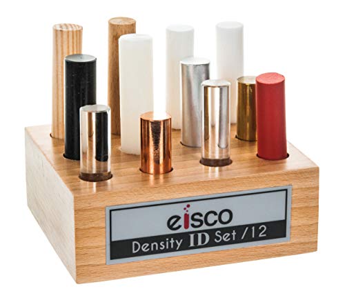 12pc Cylindrical Bars Density ID Set - Hardwood, Softwood, Aluminum, Copper, Brass, Rubber, Nylon, Derlin, PVC, Glass, Acrylic & Teflon - Includes Storage Block - Study Density & Mass - Eisco Labs