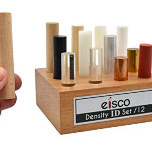 12pc Cylindrical Bars Density ID Set - Hardwood, Softwood, Aluminum, Copper, Brass, Rubber, Nylon, Derlin, PVC, Glass, Acrylic & Teflon - Includes Storage Block - Study Density & Mass - Eisco Labs