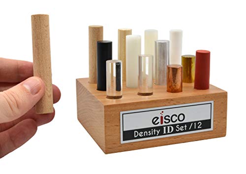 12pc Cylindrical Bars Density ID Set - Hardwood, Softwood, Aluminum, Copper, Brass, Rubber, Nylon, Derlin, PVC, Glass, Acrylic & Teflon - Includes Storage Block - Study Density & Mass - Eisco Labs