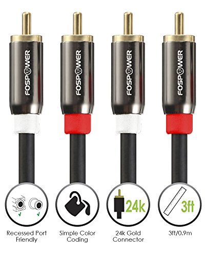 FosPower (3 Feet 2 RCA M/M Stereo Audio Cable [24K Gold Plated | Copper Core] 2RCA Male to 2RCA Male [Left/Right] Premium Sound Quality Plug