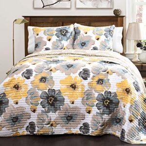lush decor leah 3 piece floral reversible quilt set, full/queen, yellow & gray