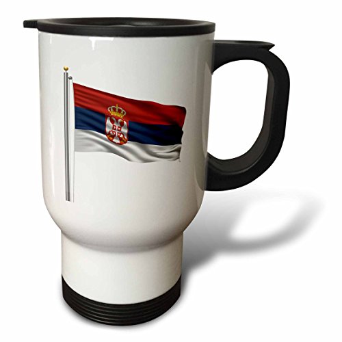 3dRose " Flag of Serbia on a Flag Pole Over White Serbian" Travel Mug, 14 oz, Multicolor