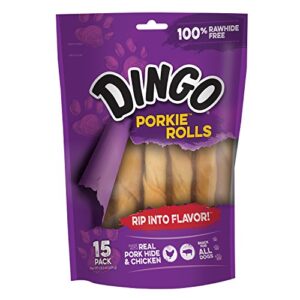 dingo porkie rolls 15 count, pork hide chews for dogs, made with real chicken