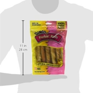 Dingo Porkie Rolls 15 Count, Pork Hide Chews for Dogs, Made with Real Chicken