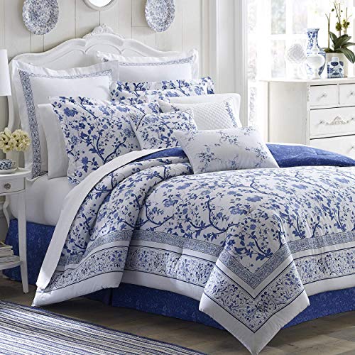 Laura Ashley Home - Comforter Set, Cotton Bedding with Matching Shams & Bed Skirt, Stylish Home Decor (Charlotte Blue, Queen)