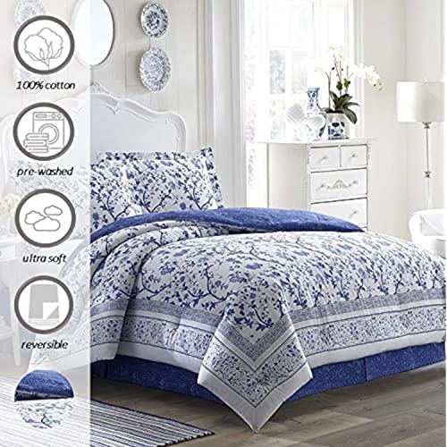 Laura Ashley Home - Comforter Set, Cotton Bedding with Matching Shams & Bed Skirt, Stylish Home Decor (Charlotte Blue, Queen)