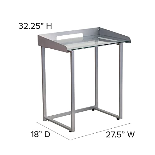 Flash Furniture Jayden Contemporary Clear Tempered Glass Desk with Raised Cable Management Border and Silver Metal Frame