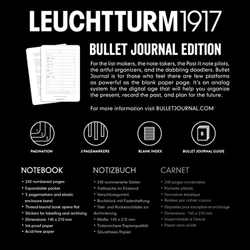 LEUCHTTURM1917 - Official Bullet Journal - Medium A5 - Hardcover Dotted Notebook (Black) - 240 Numbered Pages